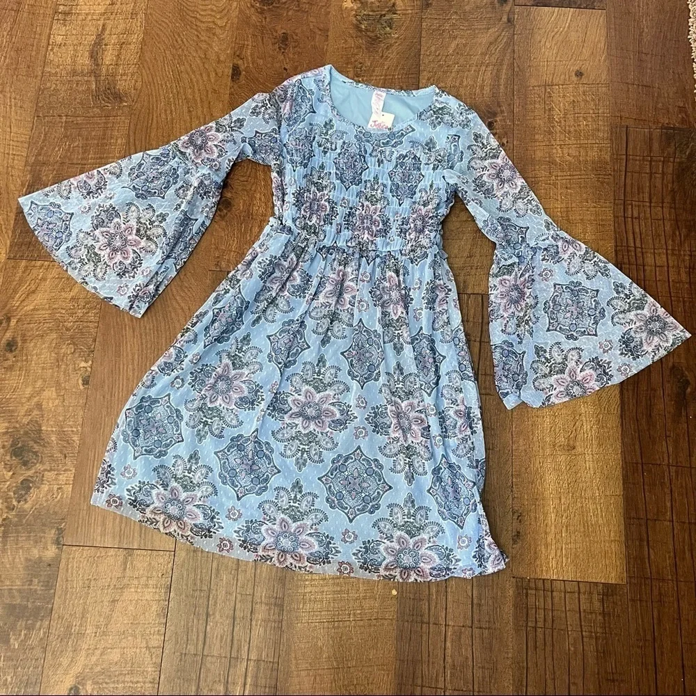 NWT justice girls sheer bell sleeves dress Sz 10 Blue multicolored design